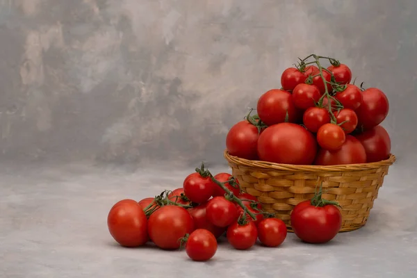 Tomates Rojos Jugosos Canasta Sobre Mesa Gris Concepto Bioagricultura Tomates —  Fotos de Stock