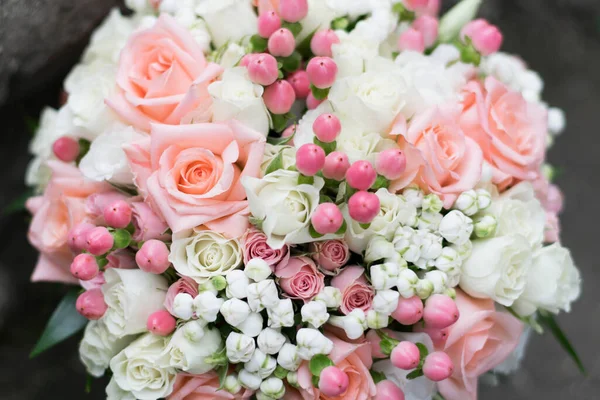 Beautiful Bridal Bouquet White Flowers Greenery Gray Textural Background Wedding — Stock Photo, Image