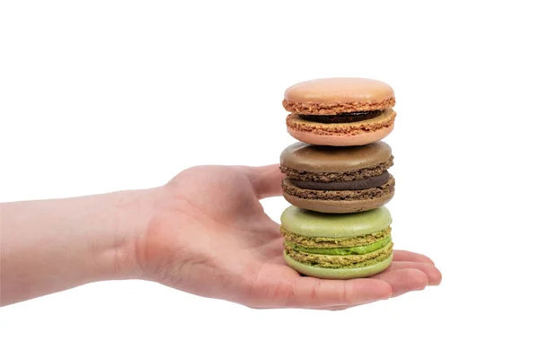 Male Hand Holding Sweet Macaroons Isolated White Green Pink Chocolate — Stock Photo, Image