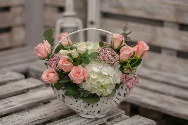 Beautiful Flowers Basket White Wooden Table Grey Background — Stock Photo, Image
