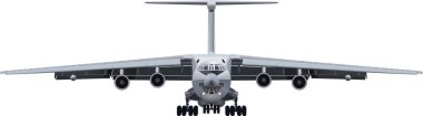 İniş takımları açık, beyaz arka planda askeri nakliye uçağı IL-76. Vektör resmi.