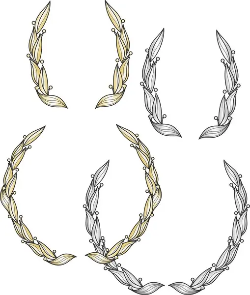 Beyaz arka planda altın ve gümüş renkli defne çelenkleri koleksiyonu. Vektör resmi.