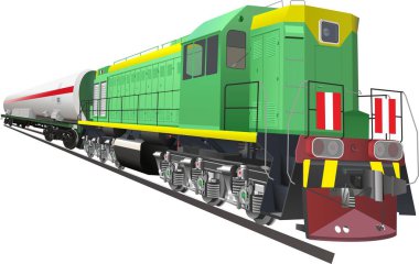 Beyaz arka planda, tank vagonlu bir yük treni. Vektör resmi.