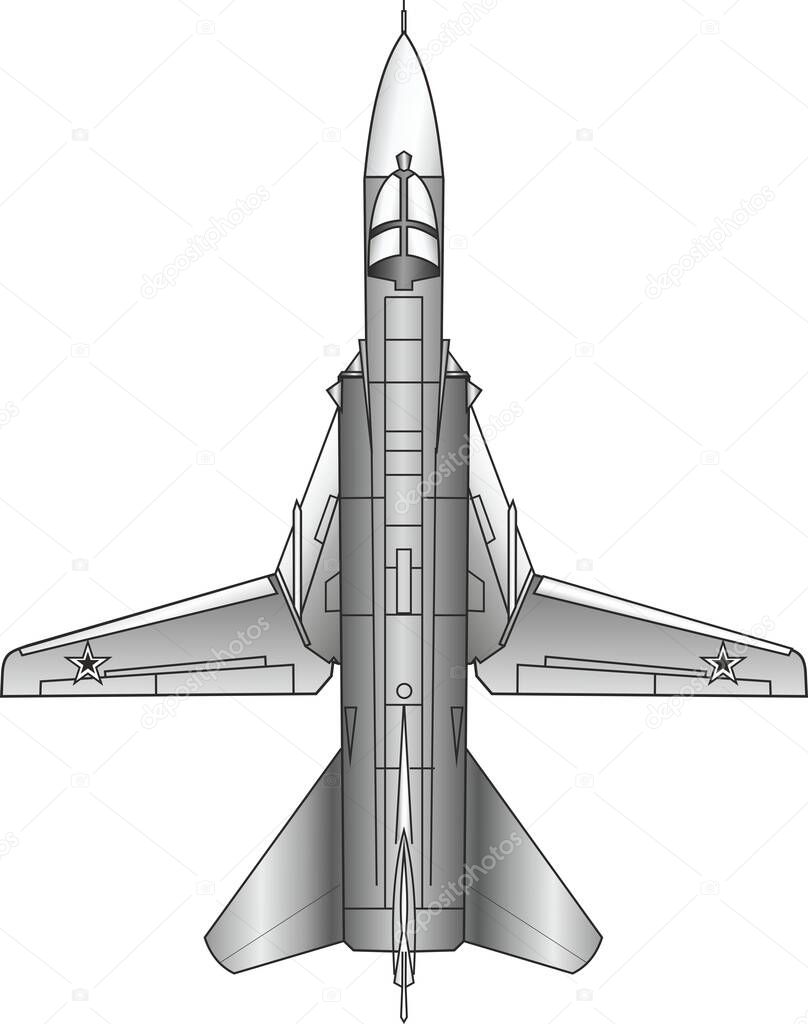 Soviet and Russian tactical front-line bomber with a variable sweep wing, designed for missile and bomb attacks, Su-24. Vector image.