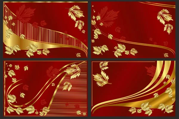 Collection Golden Lines Backgrounds Gold Red Maple Leaves Vector Horizontal — Stock Vector