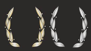 Siyah arka planda gümüş ve altın renkli defne çelengi. Vektör resmi.