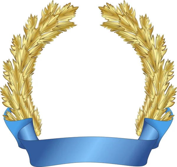 Golden Heraldic Wreath Maple Celery Framed Blue Ribbon White Background — Stock Vector