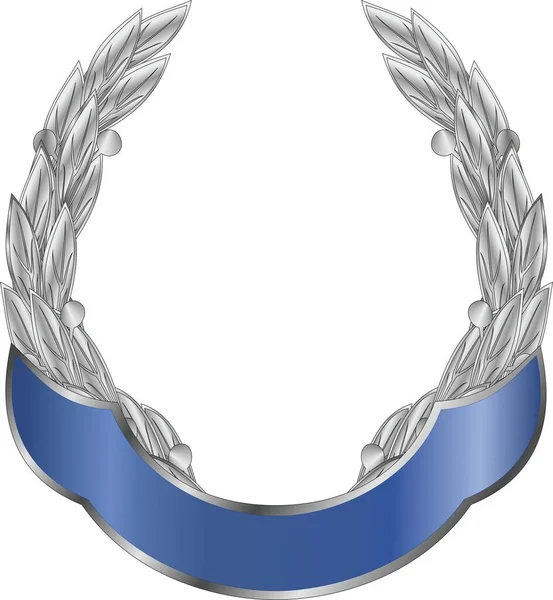 Couronne Laurier Argenté Encadrée Ruban Bleu Sur Fond Blanc Image — Image vectorielle