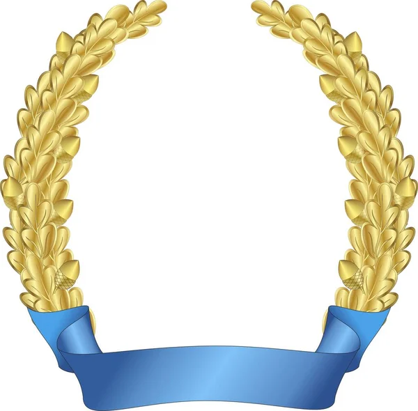 Corona Roble Dorado Con Bellotas Enmarcadas Por Una Cinta Azul — Vector de stock