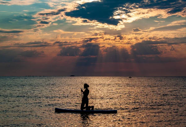 Silhouette Girl Sea Standing Blackboard — Stock Photo, Image