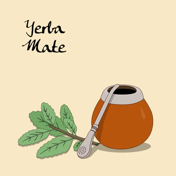 Cultura de chá da América Latina, folha de chá, chá mate em um calabash com uma bombilla no estilo doodle — Vetor de Stock