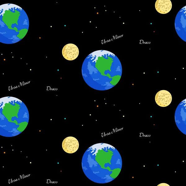 Sömlös med planeten jorden, månen och konstellationer — Stock vektor