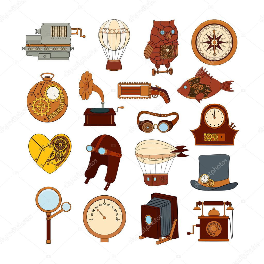 Vector set of steampunk desigh elements in doodle style