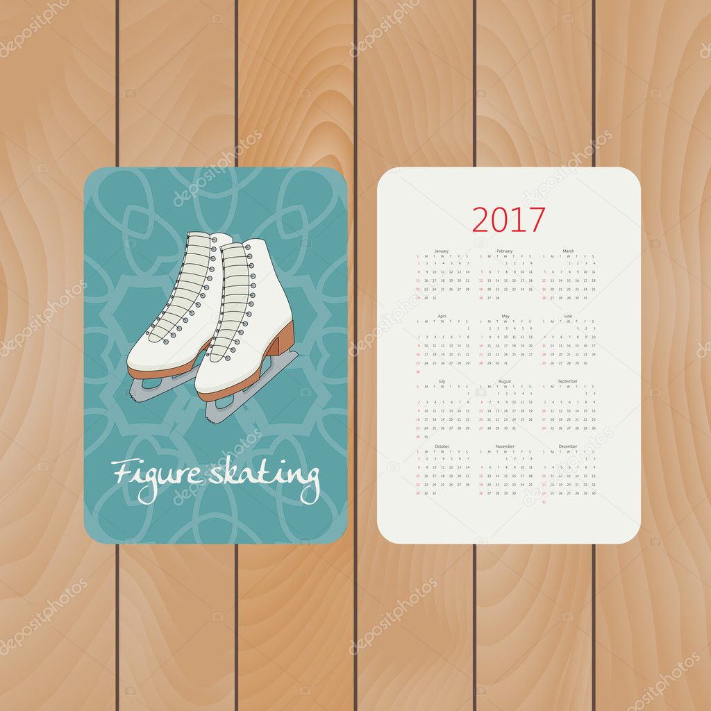 Vector pocket calendar for 2017 with figure skates. Winter sport decorative illustration in doodle style