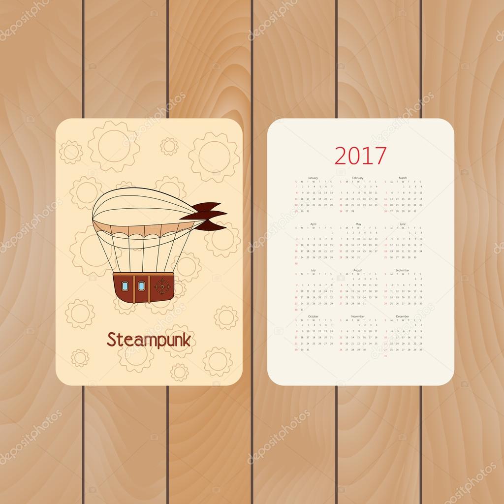 Vector pocket calendar for 2017 with steampunk dirigible in doodle style