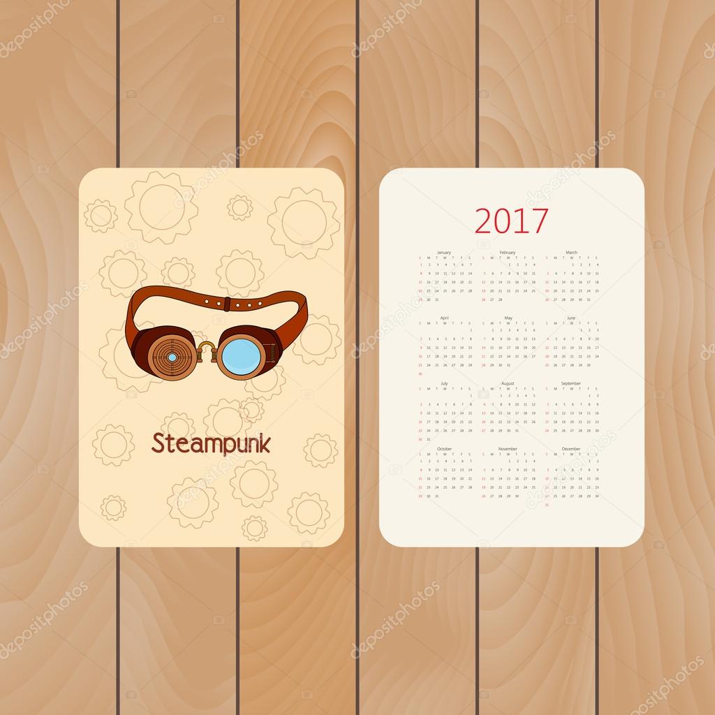 Vector pocket calendar for 2017 with steampunk glasses with metal elements in doodle style