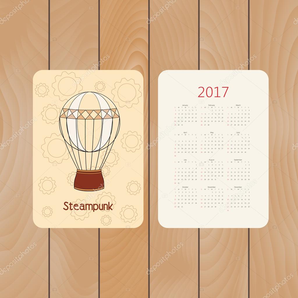 Vector pocket calendar for 2017 with steampunk vintage hot air balloon in doodle style