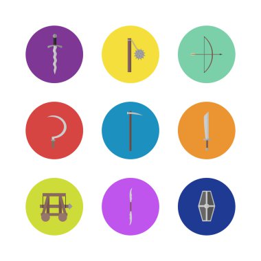 düz Icon set 9 - Ortaçağ silah ve zırh: flamberge, morgenstern, yay, orak, çekiç, rutinler, ram, kılıç, kalkan