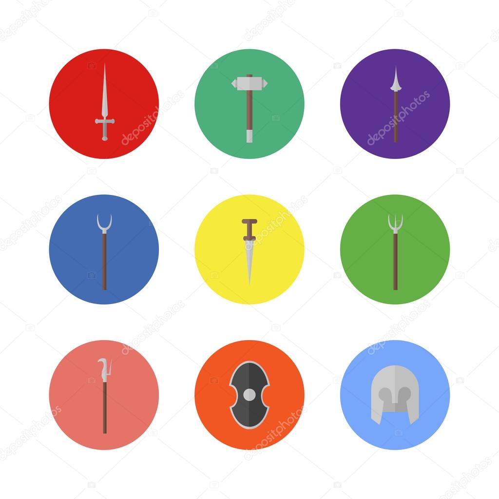 flat icon set 9 - medieval weapon and armor: stiletto, hammer, partisan, pike, dagger, trident, bill, shield, helmet