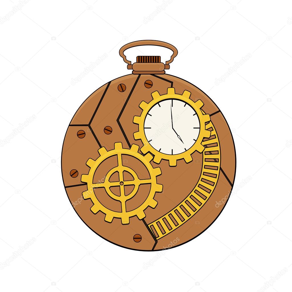Steampunk copper pocket clock with metal gears in doodle style