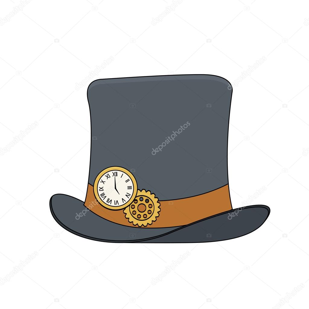 Steampunk style top hat with copper watch and gears in doodle style