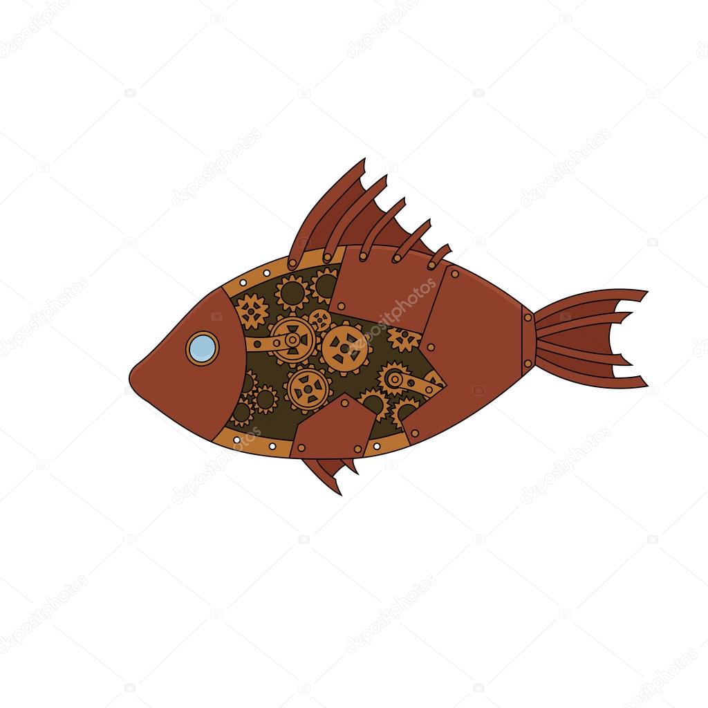 Steampunk metal fish in doodle style