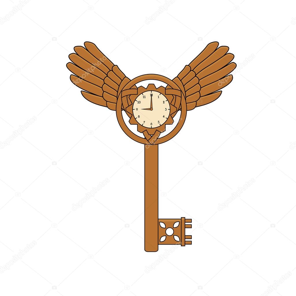 Steampunk key with wings and clock in doodle style
