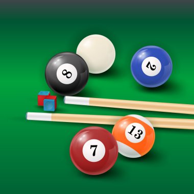 Bilardo masası arka plan illüstrasyon bilardo topları ve bilardo tebeşir ve işaret ile