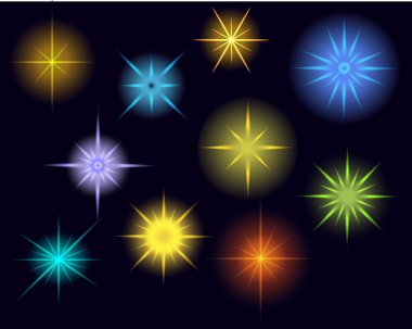 Vektör parlayan yıldızlar, ışıklar ve parıltılar. Şeffaf efektler