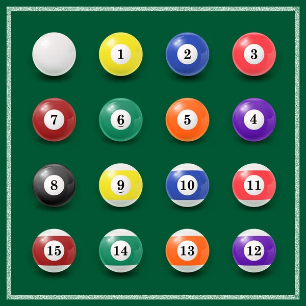 Bilardo topları yeşil bir arka plan üzerinde komple set
