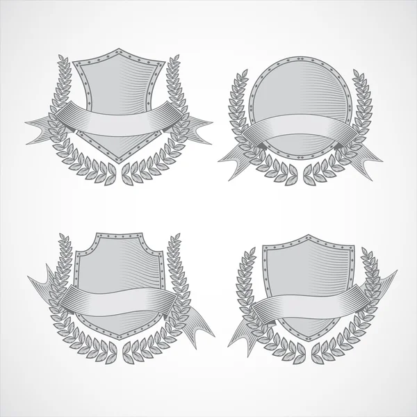 Elementos de diseño. Conjunto vectorial de escudos con coronas Laurel y cintas. Estilo de grabado Ilustración De Stock