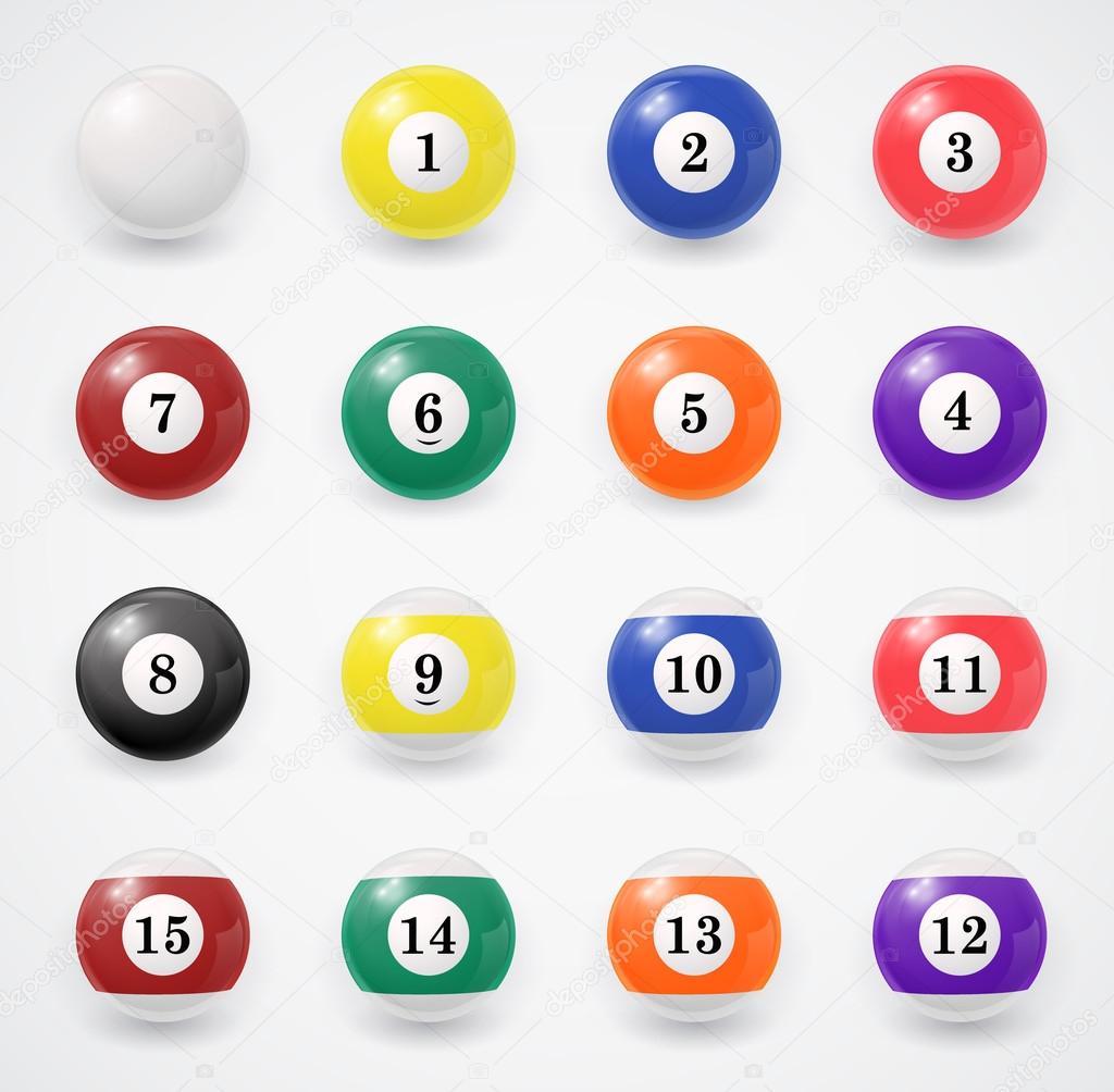 Complete set of billiard balls on a white background