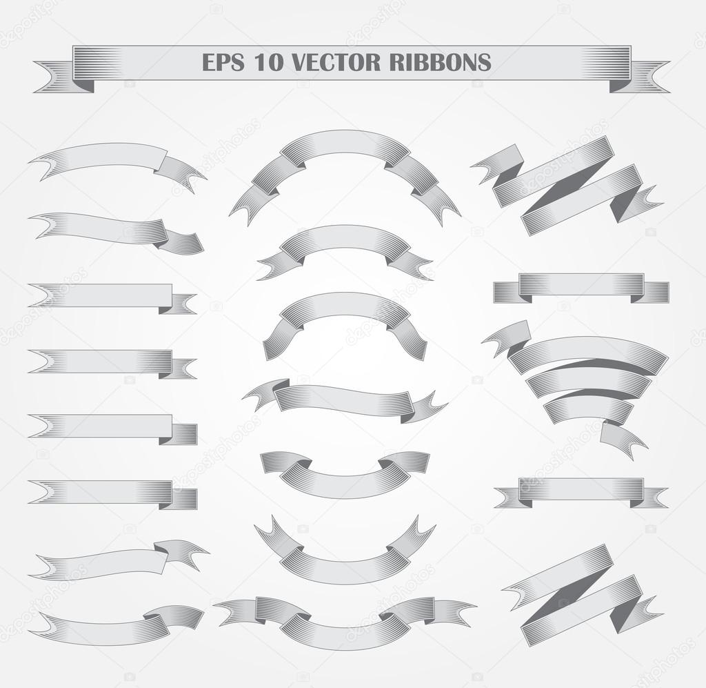 Design elements. Set of Silver vector ribbons or banners. Style engraving