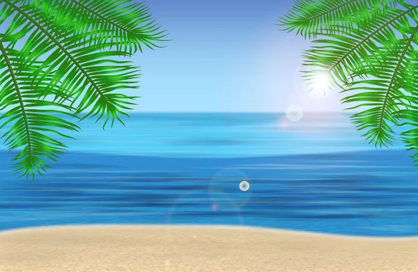 El mar, palmeras y playa tropical bajo el cielo azul. Ilustración vectorial — Vector de stock