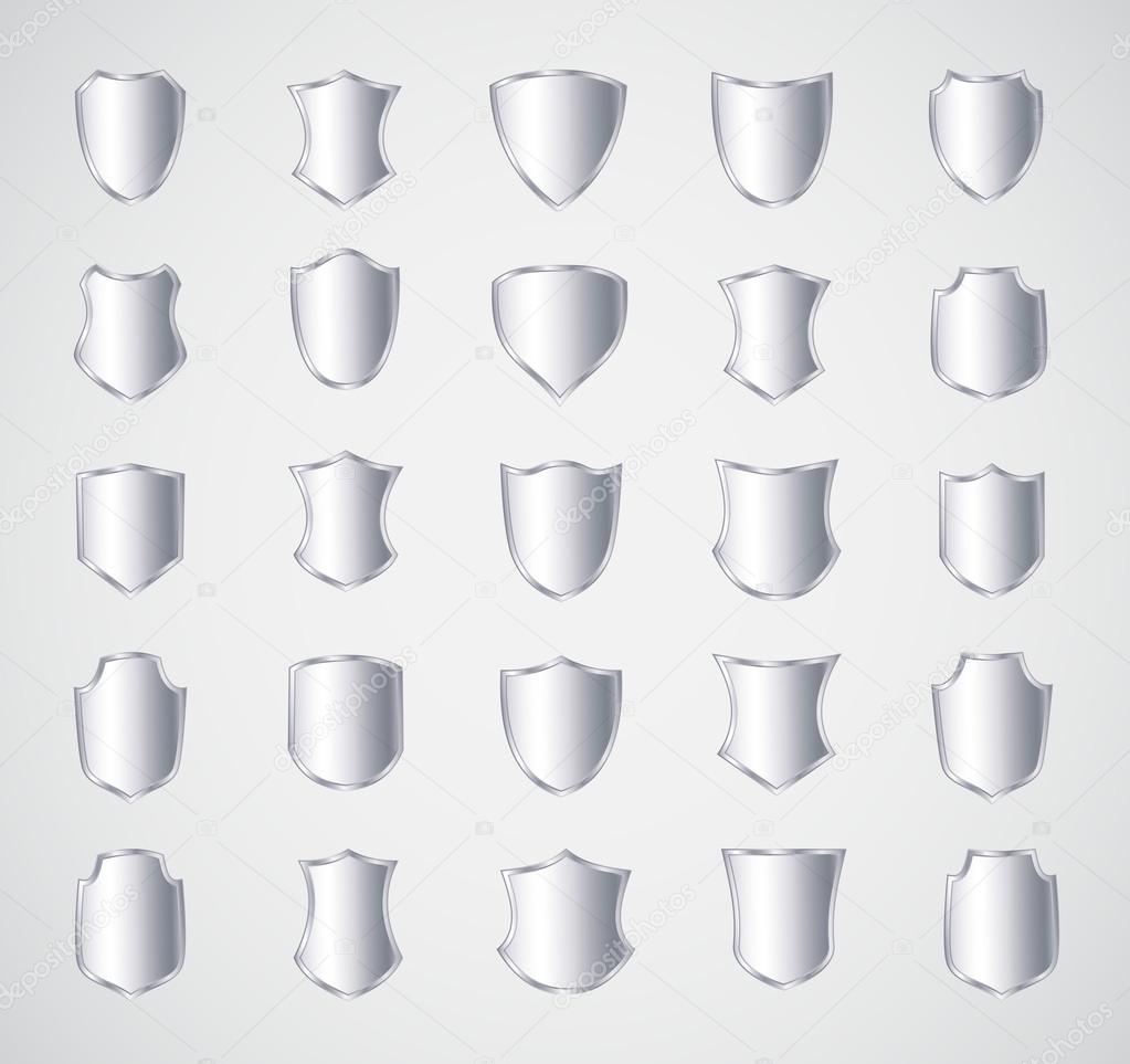 Silver shield design set with various shapes.