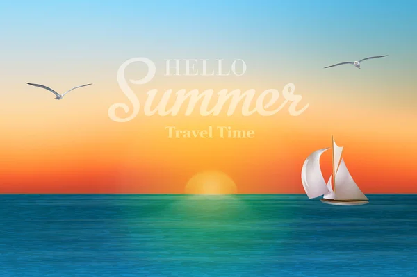 Soluppgång i havet med en segelbåt och måsar. Sommar semester vektor bakgrund — Stock vektor
