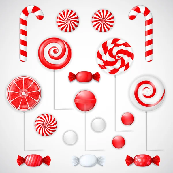 Vector set with different red and white candies and lollipops — Stock Vector