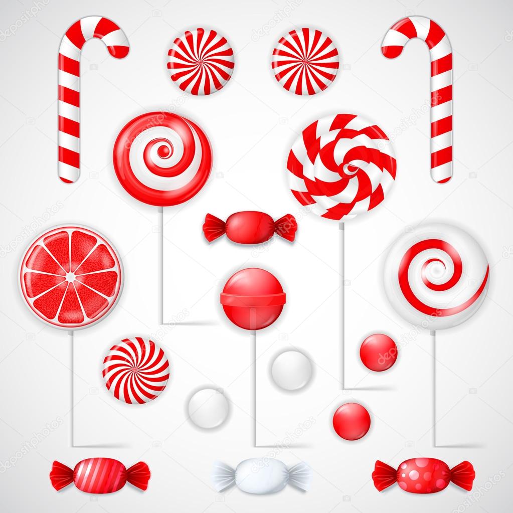 Vector set with different red and white candies and lollipops