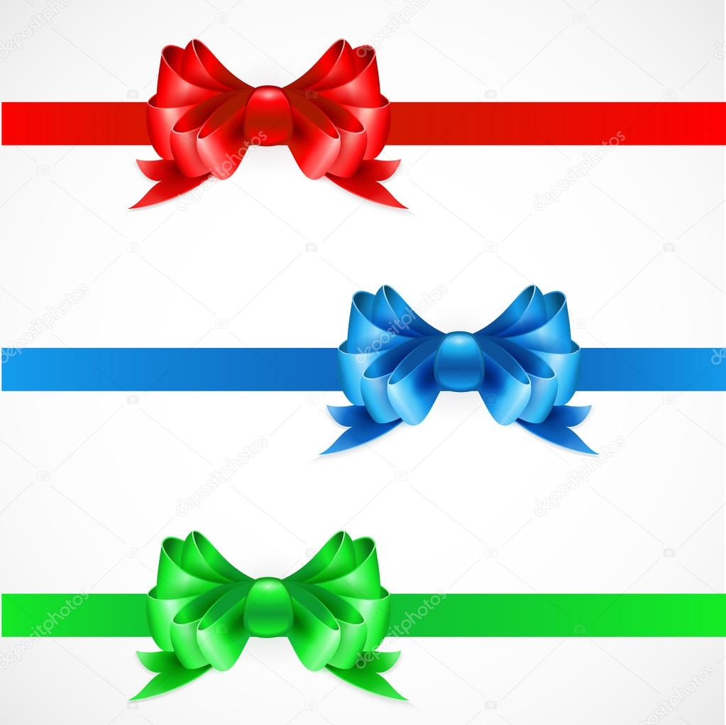 Set of gift bows with ribbons. Red, green and blue color.