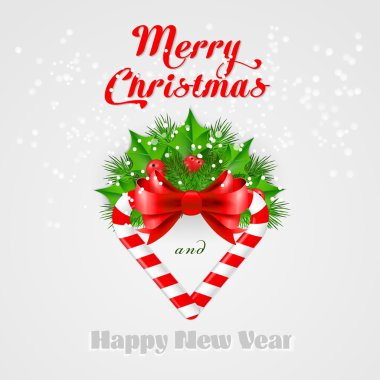 Noel şeker kamışı holly ve kırmızı yay. Vektör çizim