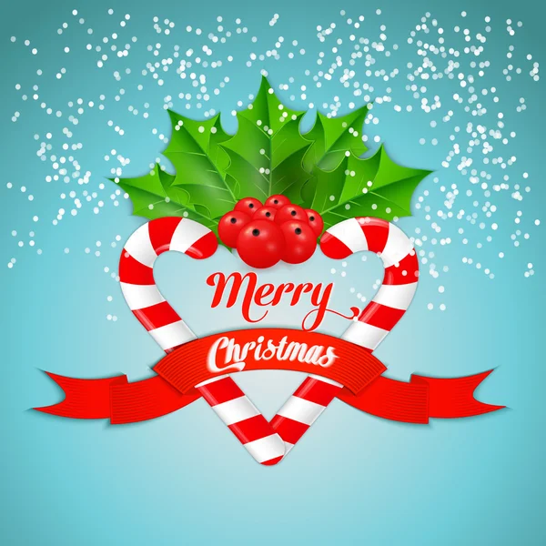 Bastón de caramelo de Navidad con acebo y cinta roja. Ilustración vectorial — Vector de stock