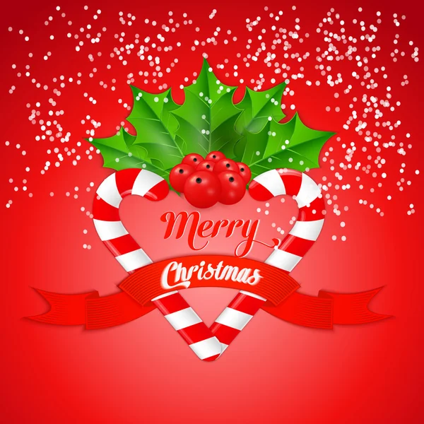 Noel şeker kamışı holly ve kırmızı kurdele ile. Vektör çizim