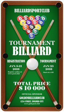 Tasarım poster. Bilardo turnuvası. Vektör çizim