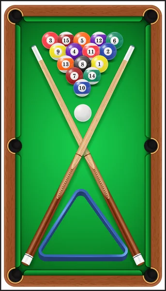 Biljart set. Billard ballen, cue en biljart driehoek in een pooltafel. Vectorillustratie — Stockvector