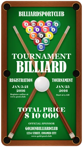 Affiche design. Tournoi de billard. Illustration vectorielle — Image vectorielle