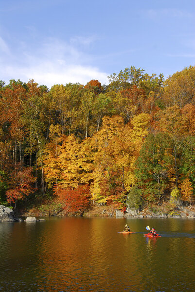 Kayaking on a river in Maryland in Autumn