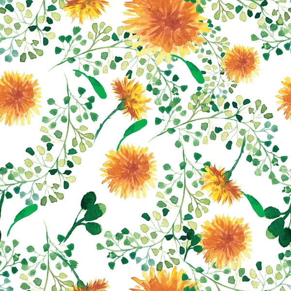Wasserfarbe nahtloses Muster mit Löwenzahn. Floraler Hintergrund. — Stockfoto