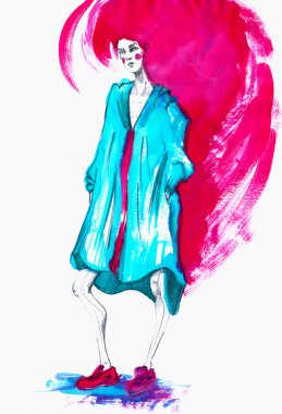 Kroki-style.watercolor resimde kız moda.