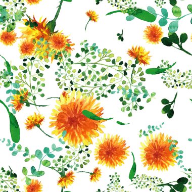 Sulu Boya Dikişsiz desen otlar ve yaprakları ile.