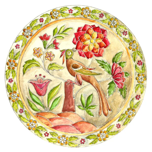 Sagolika fågeln. Dekorativa plattan i Gzhel stil. Ryska målade ornament — Stockfoto